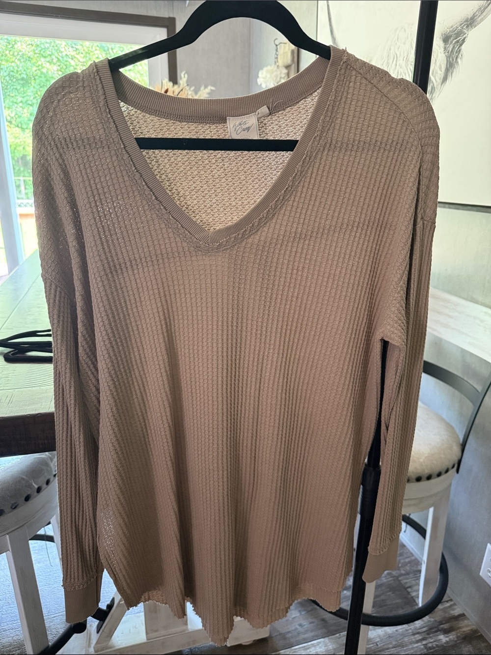 White Crow Taupe Waffle-Knit V-Neck Long Sleeve Top